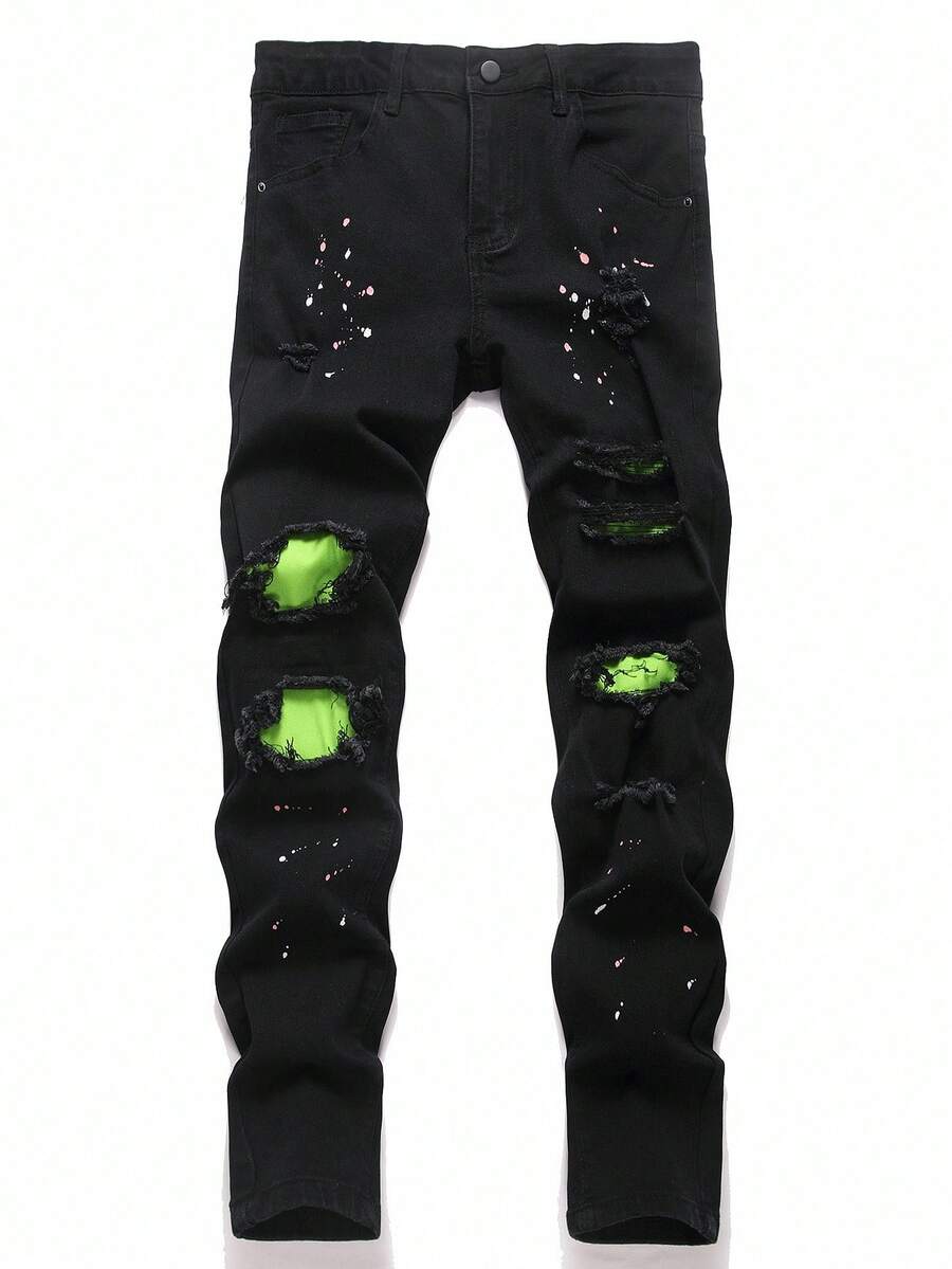 Manfinity Roughcore 男士休闲时尚街头霓虹绿拼布破洞牛仔裤 - 黑色 - 查看 1