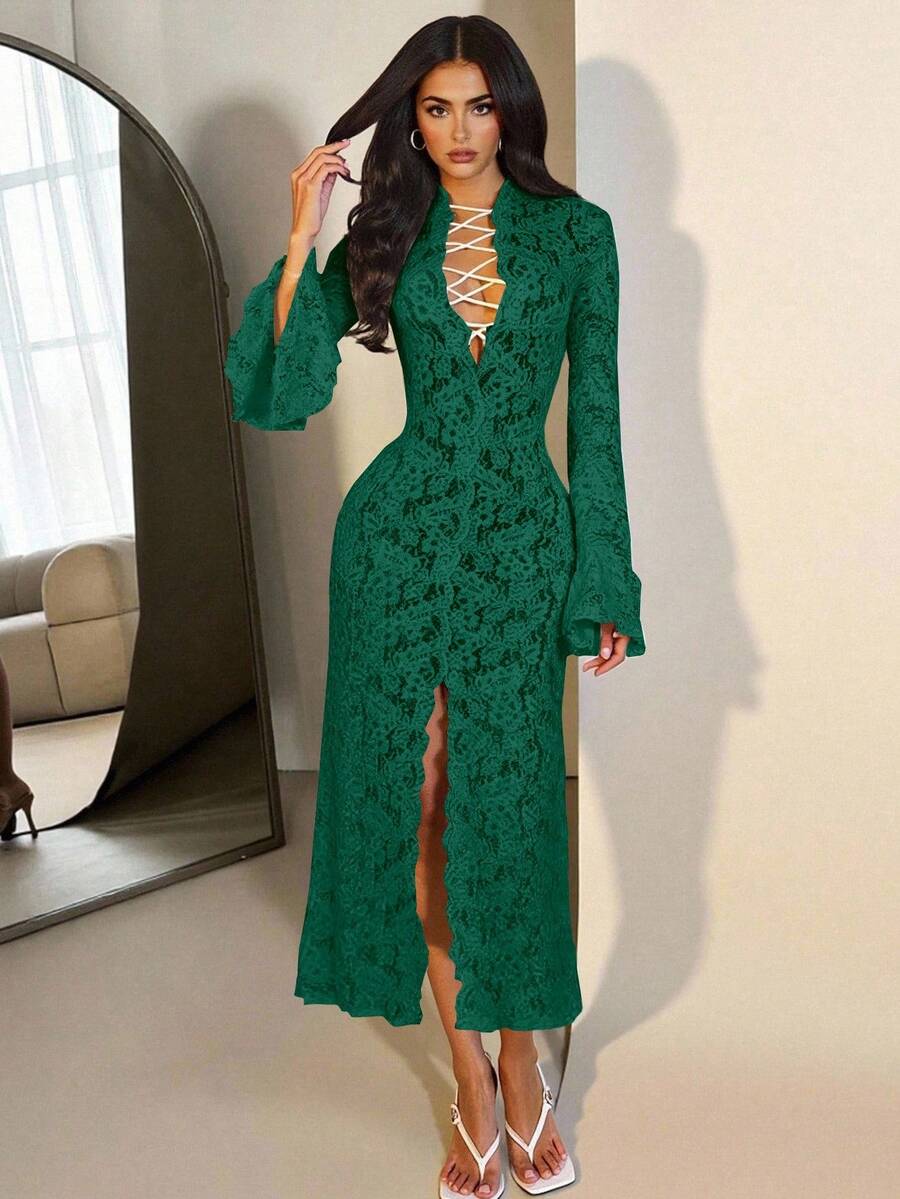 Zolique 秋季新款优雅女士深V吊带喇叭长袖毛边厚蕾丝开领连衣裙适合派对、婚礼、约会、郊游 - 綠色 - 查看 1