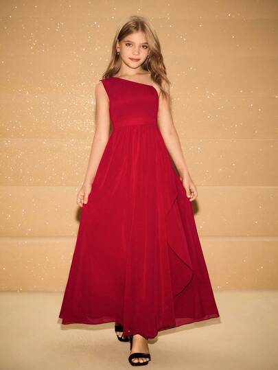 青春期女孩优雅花童礼服，适合毕业典礼、婚礼、舞会礼服；勃艮第雪纺细肩带长裙，适合万圣节、圣诞派对、正式场合；时尚薄纱公主裙，适合返校