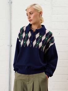 COUREZ Oversized Jacquard Arglye Knit Polo Long Sleeve Top With Button Front /Y2K Going Out Outfits Fall Women Clothes Winter Clothes For Women Gothic Club Outfits Women Sexy