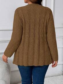 Plus Size Women Cable Pattern Long Sleeve Casual Knit Cardigan, Autumn/Winter - Camel - View 2
