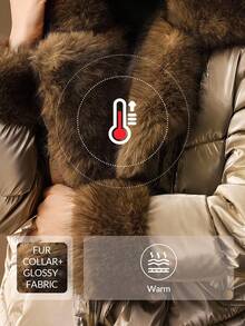 Anewsta Áo khoác lông thú sang trọng cổ ghép lông ôm vừa vặn túi khóa kéo kim loại cho nữ ngắn dày - Rượu sâm banh - Xem 2