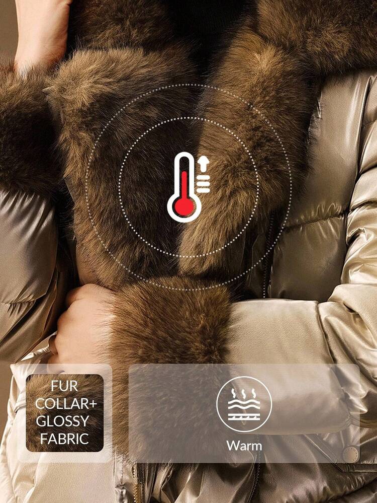 Chaqueta corta y gruesa para mujer con cuello de piel, empalmado de piel, ajuste delgado, cremallera metálica y bolsillos