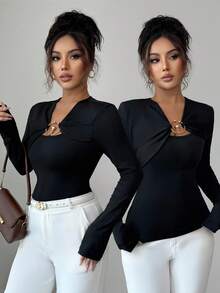 Elenzga Women's Elegant Black Long Sleeve T-Shirt Knit Fabric Metal Button Decor Base Layer For Autumn Night Out French Street Retro Business Daily Commute - Black - View 1
