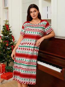 SHEIN Váy ngủ tay ngắn họa tiết tương phản họa tiết Giáng sinh - Nhiều màu - Xem 5