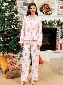Conjunto de pijama rosa com estampa de boneco de gengibre listrado com tema natalino, aconchegante e elegante, ideal para o outono e inverno. - Rosa - Ver 4