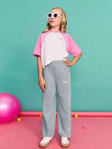 SHEIN Tween Girls Baggy Grey Sweatpants,Casual Back-To-School Wide-Leg Pants,Mid-Rise Contrast Striped Knit Straight Pants For Summer School Daily Wear - Light Grey - View 4