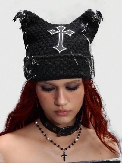 Grunge Punk 1pc Gothic Punk Style Demon Wings Knit Beanie Hat, Y2K Cross Pin Chain Eye Element Warm Slouchy Cap, Versatile Fashion Accessory