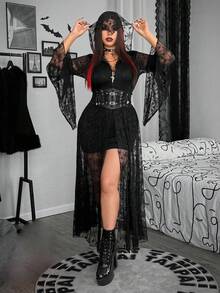 SHEIN Whyspr Vestido de manga acampanada con malla de tela de araña gótica sexy y de moda para tallas grandes de Halloween - Negro - Ver 1