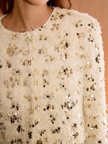 MOTF PREMIUM BOXY ROUND NECK SEQUIN FURRY JACKET - Apricot - View 3