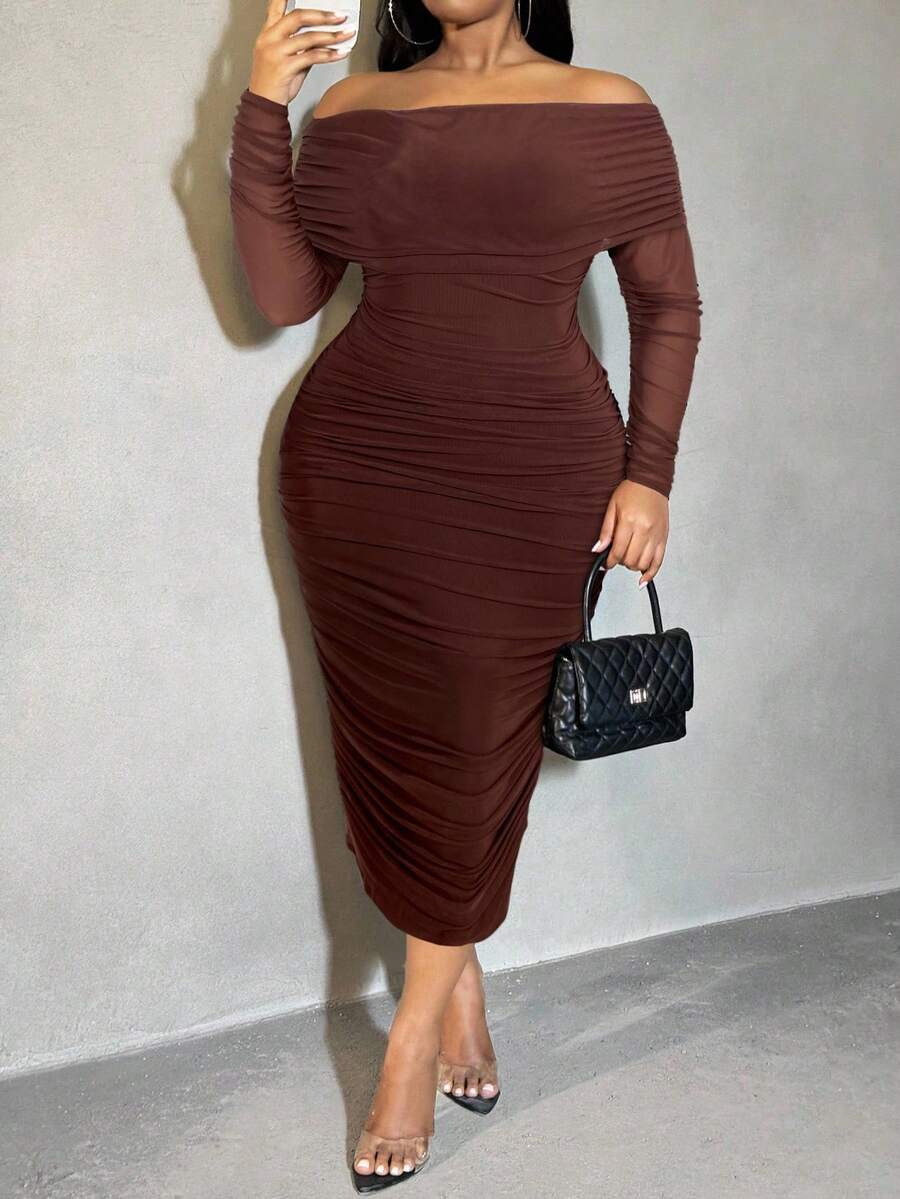 SHEIN SXY 秋季大码女式棕色露肩荷叶边网眼紧身连衣裙 - 棕色 - 查看 1