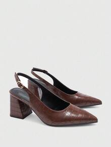 CUCCOO BIZCHIC 女士时尚黑色露跟尖头粗中跟高跟鞋，经典简约设计，适合通勤、约会、派对、度假、婚礼 - 咖啡棕 - 查看 6