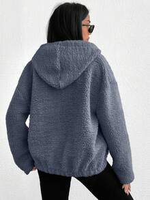 EURMUSE 100%Cotton Zip Up Drop Shoulder Hooded Teddy Jacket Fleece - Blue - View 2