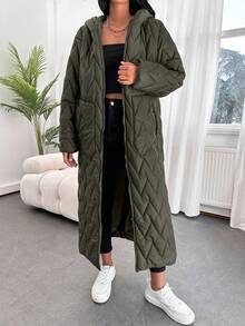 EURMUSE Women Zip-Up Solid Color Long Sleeve Casual Hooded Winter Jacket - Hijau Tentara - View 3
