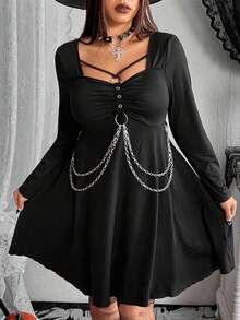 SHEIN Whyspr Grunge Punk Plus Size Fashionable Dark Goth Chain Decor Dress Fall Cloth For Women - Black - View 5