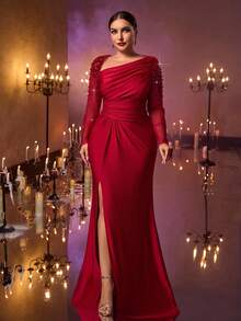 Glamrae Elegantes, romantisches Abendkleid in Große Größen mit asymmetrischem Ausschnitt, luxuriöser bestickter Applikation, langen transparenten Ärmeln, eingearbeiteten Pailletten, geraffter Taille, hohem Schlitz und verziertem Meerjungfrauensaum