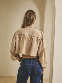 Aralina 女士时尚优雅秋冬休闲Y2K超大荷叶边圆领长袖短款纽扣上衣，非常适合外出和万圣节穿着 - 黃色 - 查看 2