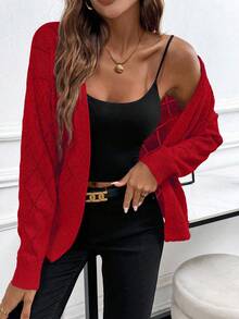 EMERY ROSE Casual Comfortable Hollow Diamond Pattern Cardigan For Women - Red - View 4