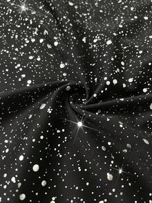 Cravure Váy midi đuôi cá cỡ lớn cho nữ, cổ chữ V, tay dài, màu trơn, đính sequin, phù hợp với phụ nữ - Đen và trắng - Xem 3