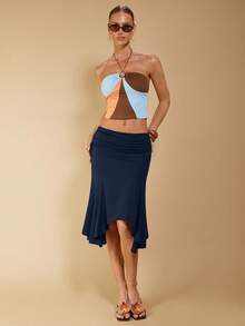 COSMINA Chân váy nâu xếp ly bất đối xứng thanh lịch dành cho nữ, phù hợp cho kỳ nghỉ xuân/hè - Màu xanh hải quân - Xem 4