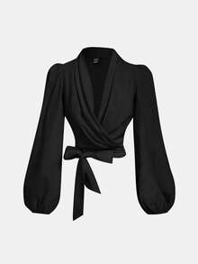 SHEIN MOD Women's Crossed V-Neck Black Bow Lantern Sleeve Fashionable Blouse,Black Top