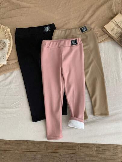 SHEIN LMoss Kids LMoss Young Girl Fall/Winter Clothes 3pcs Young Girl Solid Color Letter & Logo Pattern Knitted Flannelette Warm Leggings Set With Thermal Lined,Autumn/Winter,Great For Casual & Daily Wear & School .