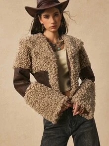 Easelle Áo khoác nữ dáng rộng cổ điển bohemian du mục thắt eo, cổ áo rộng, áo khoác tua rua, quần áo ngoài trời cho nữ, trang phục phương Tây cho nữ, áo khoác lông cho nữ vào mùa thu/đông - màu nâu - Xem 5