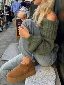 INAWLY Áo len dáng rộng tay đèn lồng hở vai màu trơn đơn giản dành cho nữ, mùa thu/đông - màu nâu - Xem 5