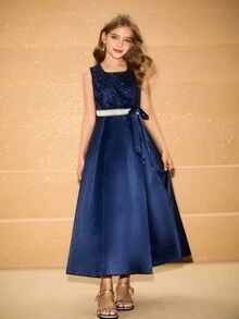 Vestido elegante de niña con lazo de lentejuelas de satén para Navidad, fiesta, boda y ocasiones formales - Azul - Ver 7
