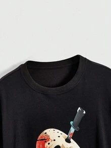 Friday the 13th X ROMWE Áo thun cổ tròn in khẩu trang rộng rãi cho nữ, Halloween - màu đen - Xem 4