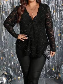 Femmeverse Plus Size Women's Casual T-Shirt With Lace Patchwork And Shell Trim, Long Sleeve Fall Cloth For Women