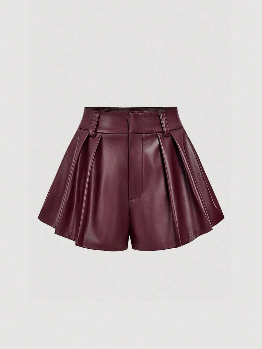 SHEIN MOD Women's High Waist Faux Leather Pleated Shorts,Elegant Winter Burgundy Chic Leather Look Shorts For Party,Brunch,Tea Party,Wedding Guest,Concert - Burgundy - View 1