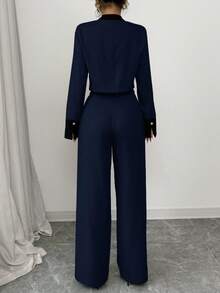 Selianne 女式优雅撞色长袖单排扣夹克和裤子套装，秋季 - 寶藍色 - 查看 2