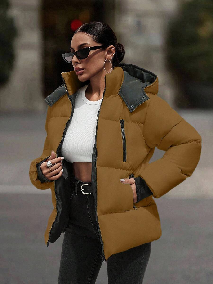 EURMUSE Hooded Zipper Detailed Contrast Rib Cuff Quilted Women's Casual Puffer Down Jacket - Brown - View 1