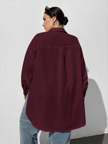 SHEIN Essnce Plus Size Women's Burgundy Autumn Casual Long-Sleeved Button-Down Shirt,Everyday Loose Oversize Tops,Old Money Style Work Fall High Side Slit Shirt - Burgundy - View 2