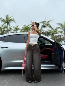 Muchica Quần jean ống rộng thường ngày cho nữ có đính đinh tán hình sao - Rửa trung bình - Xem 3