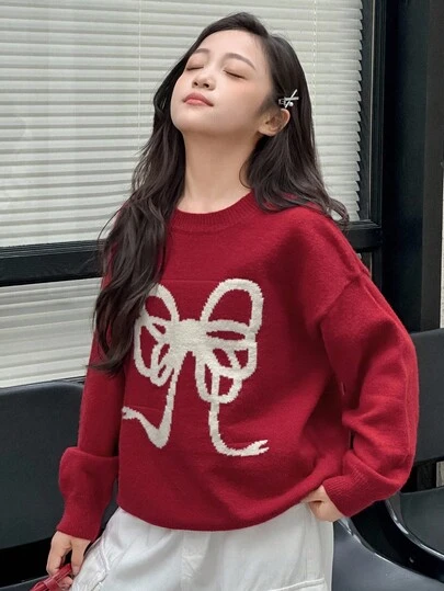 Dazy Kids Tween Girls Bow Decor Round Neck Long Sleeve Sweater Christmas