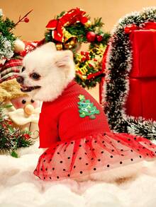 PETSIN 1pc Pet Christmas Red Knitted Flocked Polka Dot Mesh Embroidered Christmas Tree Dog Dress - Multicolor - View 2