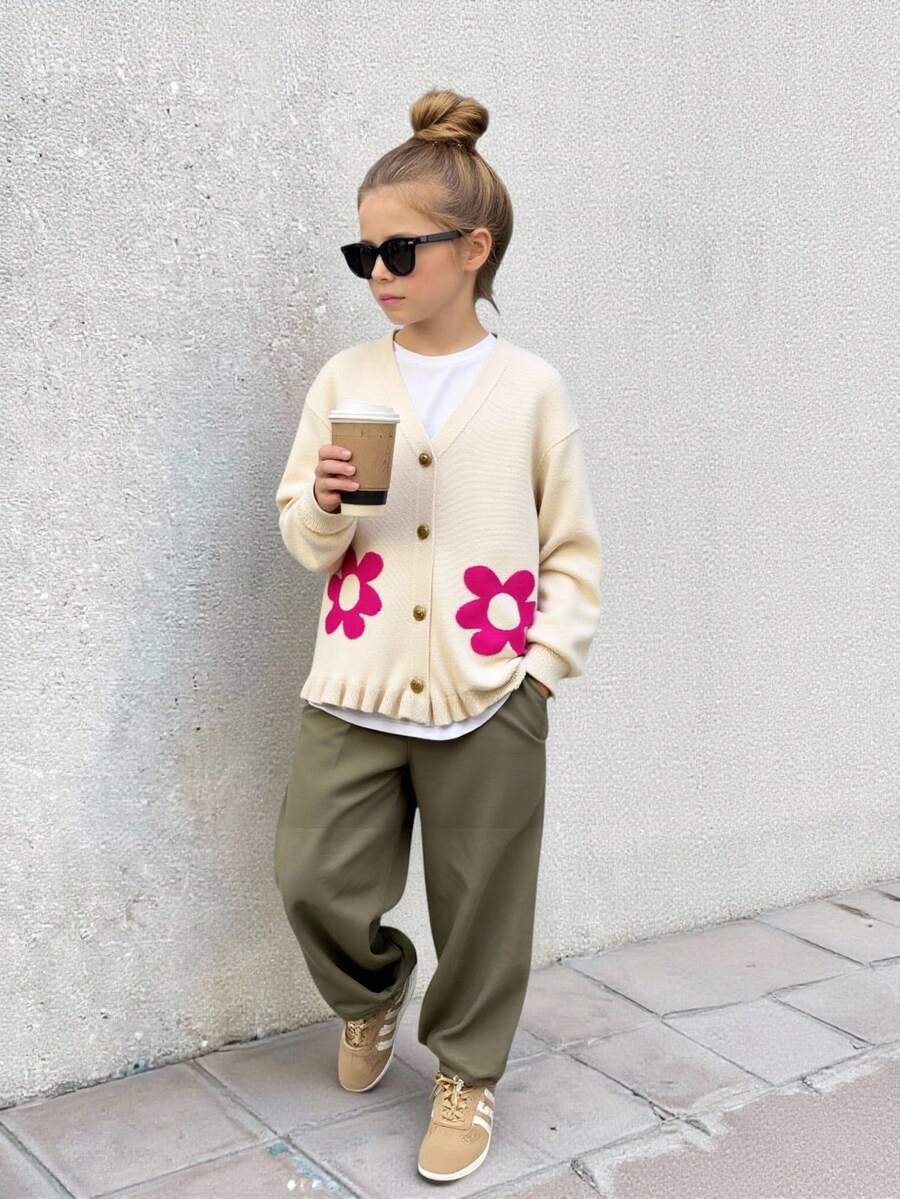 Suéter casual de manga larga con cuello en V y estampado de jacquard de girasol lindo para niñas preadolescentes - Albaricoque - Ver 1