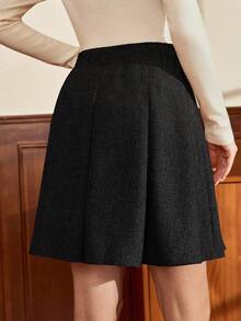 Vintamour 复古经典优雅女裙，修身腰口袋裙，咖啡色短裙，适合夏秋季 - 黑色 - 查看 2