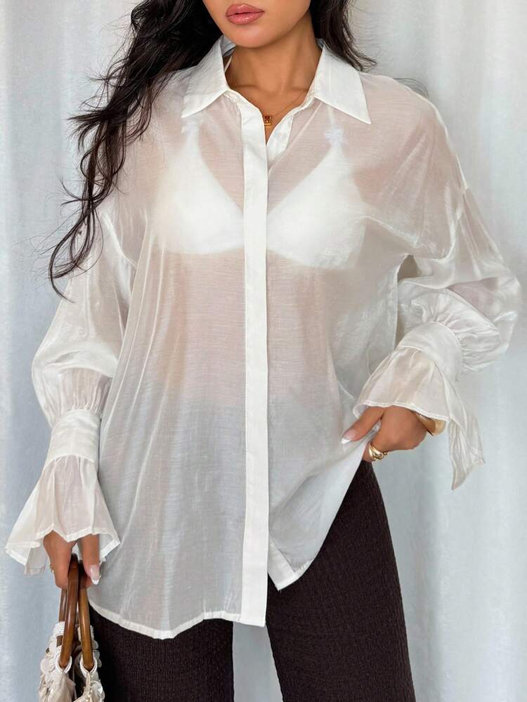 Women's Solid Color Drop Shoulder Long Sleeve Single-Breasted Loose Casual Shirt