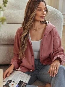 Louniche Jaket Corduroy Polos Wanita dengan Bulu Imitasi, Musim Gugur/Dingin - Dusty Pink - View 3