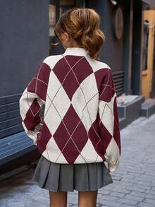 SHEIN Tall Tall Size Women Mock Neck Diamond Pattern Drop Shoulder Multicolor Pullover - Burgundy - View 2