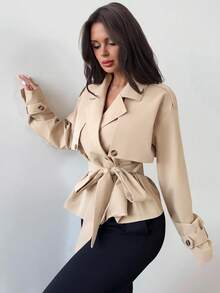 Firerie Áo khoác trench coat màu trơn thanh lịch dành cho nữ mùa thu đông - Màu be - Xem 6