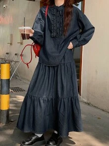 DAZY 女士圆领半拉链荷叶边牛仔上衣和长款牛仔裙休闲牛仔套装 - 深色水洗藍 - 查看 3