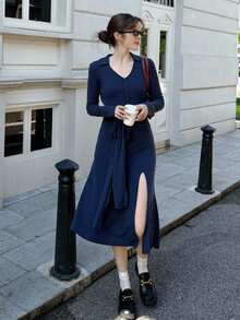 K-Vae Women's Solid Color Turndown Collar Long Sleeve Button Half Placket Waist Tie Casual Dress Navy Blue Dress Women - Navy Blue - View 5