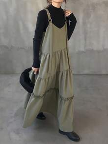 FRIFUL 荷叶边长款背带裙 - 鏽棕色 - 查看 4