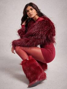 SHUZIA Botas de caña media con puntera puntiaguda y tacón de cuña de piel sintética para mujer - Burdeos - Ver 3