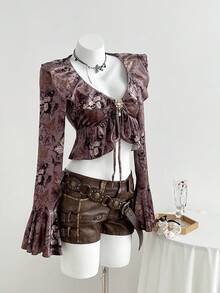 SHEIN Unity Women's Butterfly Print Tie-Front Blouse With Metallic Rhinestone Embellished Flare Sleeves, Luxurious & Elegant - Burgundy - View 4