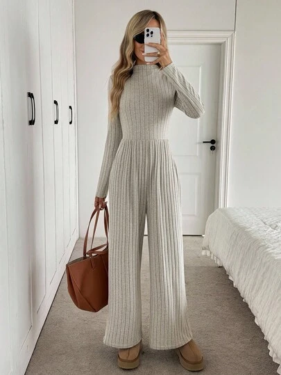 Easowa 高领斜口袋修身腰长袖阔腿连体裤，罗纹纹理面料，休闲优雅办公室装，女士秋冬装